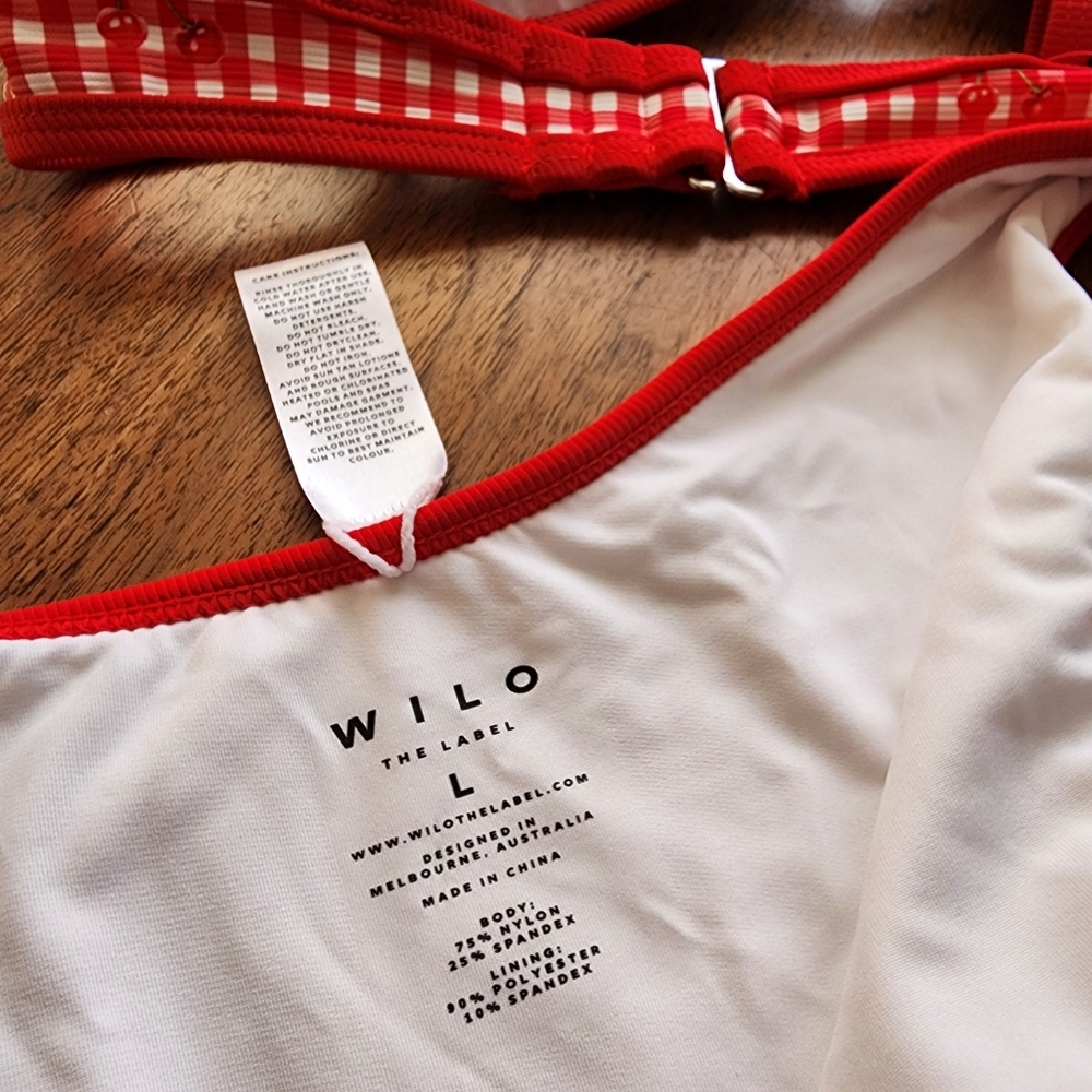 NWT WILO THE LABEL Red Gingham Cherry Bikini Swimsuit Top Bottom and Scrunchie - Picture 9 of 14